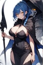 ai_generated bennia_orcus black_dress bladed_weapon blue_hair braided_hair breasts_squeezed_together cape cloak father father_and_daughter grim_reaper hair_tied_back high_school_dxd long_bangs massive_breasts outfit_variant skull_hair_ornament smile squeezed tight_dress top_heavy_breasts yellow_eyes