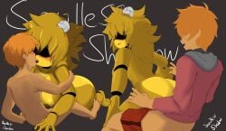 1boy 1girls 2d 2d_(artwork) bangs_over_eyes bear bear_girl big_breasts black_tongue blush cally3d consensual cryptiacurves fazclaire's_nightclub five_nights_at_freddy's ghost ghost_girl golden_freddy_(fnaf) golden_fredina_(cally3d) grey_background holding_arm holding_hands hollow_eyes kissing multiple_views nervous_smile nervous_sweat nude_female nude_male orange_hair original_character red_hoodie reverse_cowgirl_position riding saliva saliva_drip shadow_soulless shorts_down sitting_on_lap sitting_on_penis sitting_on_person smaller_male spectrophilia straight tan-skinned_male tan_skin tongue_kiss type_0 unusual_anatomy white_pupils yellow_body yellow_fur