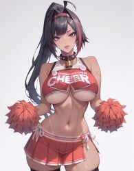 1girls ai_generated bay_(nikke) big_ass brown_eyes cheerleader dark_hair goddess_of_victory:_nikke hair_highlights large_breasts leg_stockings legwear lewdwaifulaifu long_hair looking_at_viewer looking_back looking_down ponytail slim_waist tanline thick_thighs underboob