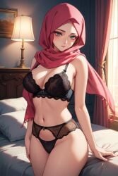 ai_generated bed bedroom belly big_breasts black_bra black_lingerie black_panties blue_eyes cleavage female female_only hijab hotel hotel_room hourglass_figure lamp light-skinned_female light_skin lingerie muslim muslim_female navel pink_hijab slim_waist standing sunlight thighs wide_hips window