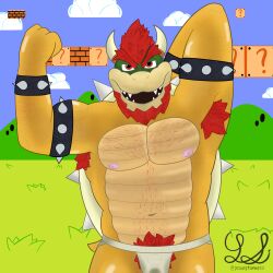 1:1 4_fingers absurd_res anthro armwear aroused beard body_hair bowser chest_hair clothing daddyfication facial_hair fingers flexing flexing_bicep funny_background gay hair handwear hi_res horn jockstrap koopa male male_only mario_(series) nintendo nipples open_mouth outdoors presenting pubes scalie shell solo super_mario_bros. tail teeth underwear wet wet_clothing wet_jockstrap yose_stones