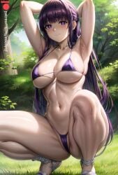 ai_generated armpits arms_behind_head arms_up bangs bare_shoulders bikini black_hair blunt_bangs blush breasts bush cameltoe cleavage closed_mouth collarbone day edosynf female fern_(sousou_no_frieren) grass high_heels highleg_bikini highres large_breasts long_hair looking_at_viewer micro_bikini nature navel outdoors purple_bikini purple_eyes purple_hair sandals self_upload sidelocks skindentation smile solo sousou_no_frieren spread_legs squatting stomach string_bikini sweat swimsuit thighs tree underboob very_long_hair white_footwear