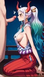 ai_generated aivachan_ai big_breasts blue_highlights busty earrings female hakama hoop_earrings horns japanese_clothes kneeling light-skinned_female light_skin looking_at_viewer male night no_bra one_piece oni oni_female penis penis_awe red_eyes ship sideboob sky white_hair yamato_(one_piece) youkai