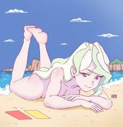 1girls beach blue_eyes diana_cavendish female female_only green_hair hanamuko little_witch_academia looking_at_viewer lying_on_stomach nude wavy_hair