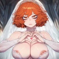 ai_generated bags_under_eyes blush breasts breasts_out church church_interior cleavage nun orange_hair orginal_character original original_character red_hair wedding_dress