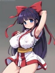 1girls ainu_clothes arm_behind_head armpits big_breasts blue_eyes breasts busty cleavage covered_nipples erect_nipples_under_clothes female female_only fingerless_gloves gloves hand_on_own_chest huge_breasts king_of_fighters legs looking_at_viewer nakoruru pose posing purple_hair samurai_shodown sensual smile snk solo thighs