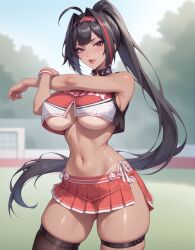 1girls ai_generated bay_(nikke) big_ass brown_eyes cheerleader dark_hair goddess_of_victory:_nikke hair_highlights large_breasts leg_stockings legwear lewdwaifulaifu long_hair looking_at_viewer looking_back looking_down ponytail slim_waist thick_thighs underboob