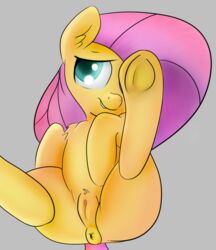 anus djpon2nart equine female feral fluttershy_(mlp) friendship_is_magic grey_background hair horse mammal my_little_pony pink_hair pony pussy simple_background sitting smile solo spread_legs spreading underhoof yoditax