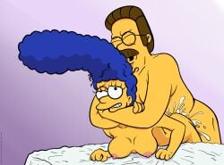 1boy 1girls 20th_century_fox arms_around_neck blue_hair breasts brown_hair cheating cheating_wife cum cum_inside doggy_style duo facial_hair female glasses human lockandlewd male male/female marge_simpson ned_flanders nipples nude orgasm orgasm_face sex straight straight_sex the_simpsons yellow_body yellow_skin