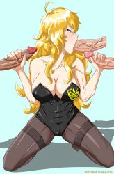 1girls 3boys blonde_female blonde_hair blowjob bunnysuit cleavage double_handjob handjob icesticker long_hair long_hair_female purple_eyes rwby yang_xiao_long