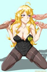 1girls 3boys blonde_female blonde_hair bunnysuit cleavage double_handjob erect_penis faceless_male handjob icesticker long_hair long_hair_female purple_eyes rwby yang_xiao_long