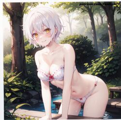 ai_generated bra funkylewdai in_forest jeanne_(vanitas_no_carte) panties white_bra white_hair white_panties yellow_eyes