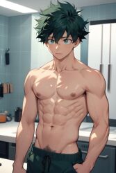 1boy abs ai_generated boku_no_hero_academia deku dvxxxgrai freckles green_eyes green_hair izuku_midoriya male male_focus male_only muscular muscular_male my_hero_academia pixai shirtless shirtless_(male) solo topless topless_male