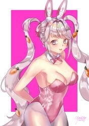 1girls alice_(nikke) alice_(wonderland_bunny)_(nikke) breasts bunny_ears bunny_girl bunnysuit cleavage female_only goddess_of_victory:_nikke hands_behind_back open_mouth pink_eyes upper_teeth white_hair