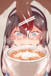 black_hair blush bowl censored cum cum_on_food cum_on_glasses female food glasses hairband heart heart-shaped_pupils highres kantai_collection long_hair looking_down ooyodo_(kantai_collection) open_mouth penis school_uniform semi-rimless_glasses serafuku shimetta_seiya solo_focus steam sweat symbol-shaped_pupils