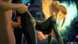 1girl1boy artist_name ass blue_eyes breasts cfnm crotch_cutout gif hanging_breasts long_hair medium_breasts metroid nintendo penis ponytail pulling_clothing saltyicecream samus_aran testicles vaginal_penetration zero_suit_samus