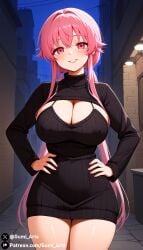 ai_generated cleavage covered_nipples gasai_yuno gumi_arts hands_on_hips large_breasts looking_at_viewer mirai_nikki outdoors pink_eyes pink_hair smile stable_diffusion sweater_dress thick_thighs