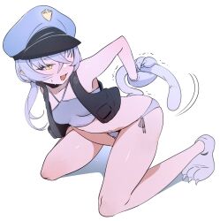 anal_tail animal_hands ass bikini black_vest blue_archive blue_hat blush breasts claws ddari fake_tail female full_body gloves grey_bikini grey_gloves grey_hair hat highres kneeling long_hair oerba_yun_fang open_clothes open_mouth open_vest paw_gloves peaked_cap simple_background small_breasts solo swimsuit tail valkyrie_police_academy_student_(blue_archive) vest white_background yellow_eyes