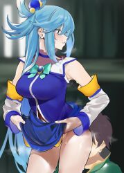 aqua_(konosuba) blue_hair clothed_female face_on_ass jikatarou kono_subarashii_sekai_ni_shukufuku_wo! satou_kazuma smell smelling_ass steam steaming_body sweaty sweaty_body sweaty_butt tagme zikataro