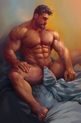 1boy abs bara dilf gay male male_only muscular muscular_male nude nude_male on_bed pecs qai_san sheets