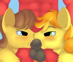 2016 abs animal_genitalia animal_penis anthro balls big_macintosh_(mlp) blue_eyes blush braeburn_(mlp) brown_hair caramel_(mlp) collaborative_fellatio duo_focus earth_pony equine equine_penis faceless_male fellatio friendship_is_magic fur green_eyes group hair hi_res horse horsecock incest male mammal matimus91 multicolored_hair my_little_pony oral penis pony sex two_tone_hair yaoi yellow_fur