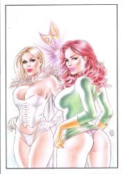 2girls ass blonde_hair blue_eyes breasts bubble_butt cameltoe cleavage corset dat_ass ed_benes_studio emma_frost fabio_ciqueira female female_only green_eyes hellfire_club jean_grey large_breasts lifting_dress lifting_skirt marvel marvel_comics marvel_girl minidress multiple_girls opera_gloves panties pink_panties pussy_outline red_hair thick_thighs thighs thong thong_panties white_queen x-men