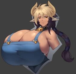 1girls big_breasts black_hair blonde_hair bovid_humanoid breasts_bigger_than_head cathyl cathyl_(monster_musume) closed_mouth collar cow_ears cow_girl cowbell female female_only horns huge_breasts long_ears long_hair minotaur minotaur_female monster_girl monster_musume monster_musume_no_iru_nichijou multicolored_hair overalls pale-skinned_female pale_skin pockyland ponytail short_hair simple_background solo solo_female yellow_eyes