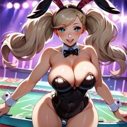 ai_generated ann_takamaki big_breasts black_bunnysuit blonde_hair blue_eyes blush bunny_ears bunny_girl bunnysuit busty curvy happy_female jatol looking_at_viewer patreon persona persona_5 thick thigh_gap wide_hips