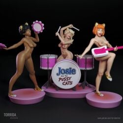 3d 3girls band black_hair blonde_hair breasts casual dark_nipples dark_skin drum drumsticks female footwear guitar human josie_and_the_pussycats josie_mcoy melody_valentine musical_instrument nonsexual_nudity pale_skin red_hair stage tambourine torrida valerie_brown