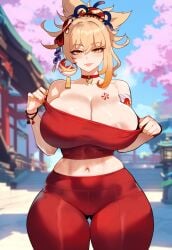 1girls ai_generated areola areola_slip areolae big_areola big_breasts big_thighs blonde_hair crop_top curvy female female_focus female_only genshin_impact hi_res inazuma large_breasts large_thighs leggings miyuai nai_diffusion orange_hair partially_clothed pulling_clothing smile solo solo_female solo_focus stable_diffusion tattoo thiccwithaq_(ai_style) thick thick_hips thick_legs thick_thighs thigh_gap thighs tight_clothing wide_hips yoimiya_(genshin_impact)