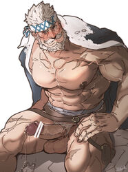 1boy abs bara blush boner bottomless censored cum erection granblue_fantasy male male_only muscle muscles pecs penis rybiok scar silver_hair solo soriz steam testicles