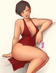 ada_wong black_hair brown_eyes couch dress erect_nipples large_ass large_breasts red_dress resident_evil tomphelippe