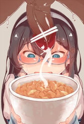 black_hair blush bowl censored cum cum_on_food cum_on_glasses female food glasses hairband heart heart-shaped_pupils highres kantai_collection long_hair looking_down ooyodo_(kantai_collection) open_mouth penis school_uniform semi-rimless_glasses serafuku shimetta_seiya solo_focus steam sweat symbol-shaped_pupils