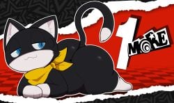 2024 absurd_res anthro ass atlus bandana big_ass big_butt biped black_body black_fur blue_eyes cute cute_face cute_smile digital_drawing_(artwork) digital_media_(artwork) domestic_cat english_text felid feline felis fur hi_res kerchief lemonlime lying male male_focus male_only mammal markings mask morgana_(persona) multicolored_body number on_front persona_(series) persona_5 scarf sega simple_background smile smiling_at_viewer solo solo_male tail tail_between_buttocks tail_markings text thick_thighs tuxedo_cat two_tone_body white_body white_fur