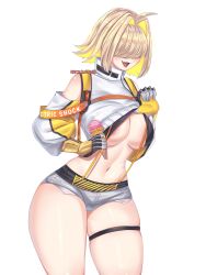 1girls ahoge blonde_hair breasts elegg_(nikke) female_only goddess_of_victory:_nikke hair_over_eyes hwr_nsfw midriff nipple_peek no_bra open_mouth shirt_lift short_hair thick_thighs thigh_strap underboob white_background wide_hips