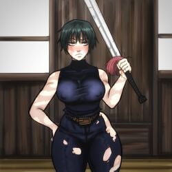 baddiesart big_ass big_breasts big_butt blush blush clothing green_hair jujutsu_kaisen scars short_hair thick_thighs thighs zenin_maki