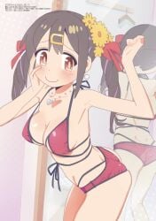 armpits ass bare_arms bare_belly bare_legs bare_shoulders bare_thighs big_breasts black_hair blush breasts brown_eyes embarrassed flower_in_hair hair_ornament hand_on_face megami_magazine mouth_closed official_art onii-chan_wa_oshimai! oyama_mihari ringlets sweat_drop swimsuit thighs