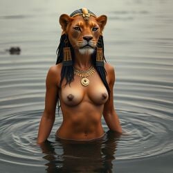 ai_generated anthro bath belly_button breasts breasts_out egyptian_mythology female female_anthro female_focus female_only in_water jewelry lioness looking_at_viewer nipples nude partially_submerged sekhmet solo solo_female water