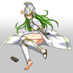 anger_vein athena_(p&d) barefoot blush cum cum_on_body cum_on_lower_body female gradient gradient_background green_hair long_hair puzzle_&_dragons red_eyes sandals shoes_removed single_shoe solo zaxwu