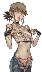 5_fingers bangs black_eyes brown_hair cameltoe collarbone erect_nipples fingerless_gloves fishnet_shirt freckles hair_ribbon looking_at_viewer mossa navel open_pants original panties pasties pointy_breasts pointy_nipples presenting presenting_breasts punk_girl ribcage skinny small_breasts tagme tape taped_nipples teeth_showing tongue_out