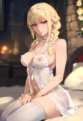 absurd_res absurdres ai_generated athletic_female babydoll bear34 bed blonde_hair blue_eyes blush braided_hair breasts choker female freckles freckles_on_face highres jordis_the_sword_maiden jordis_the_sword_maiden_(bijin) light-skinned_female lingerie long_hair looking_at_viewer medium_breasts nipples nipples_visible_through_clothing nord skyrim smile solo solo_female the_elder_scrolls thighhighs tied_hair twin_braids white_choker white_lingerie white_thighhighs