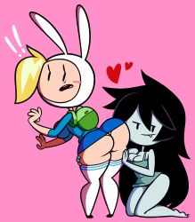 2girls adventure_time ass backpack bag big_ass big_breasts black_hair blonde_hair cleavage clothing cute_fang female female_only fionna_the_human_girl green_skin grey_body human large_ass light-skinned_female light_skin looking_back marceline metuloser404 on_knees pale_skin panties skirt thighhigh_socks thighhighs wide_hips