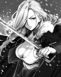 1girls artist_name big_breasts busty cleavage coat fullmetal_alchemist fullmetal_alchemist_brotherhood fur_collar hair_over_one_eye military_uniform missfaves monochrome olivier_mira_armstrong open_jacket snowing sword tank_top