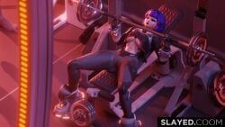 3d 3d_(artwork) breasts clothed female gym_equipment juno_(overwatch) lifting lifting_weights mercury_juno overwatch overwatch_2 purple_hair slayed.coom talon_(overwatch) twitter_link underboob workout