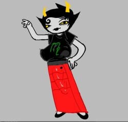 1futa alien alien_humanoid balls black_hair black_hair_female blankate breasts bulge clothed clothed_female color colored colored_skin dress fangs futa_only futanari grey_skin homestuck homestuck_troll horn horns huge_breasts huge_cock humanoid kanaya_maryam long_skirt nipples nipples_visible_through_clothing peace_sign penis shirt skirt solo solo_female t-shirt troll tshirt vampire