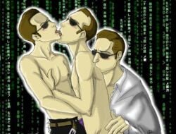 3boys agent_brown agent_jones_(the_matrix) agent_smith bobcat88 brown_hair kissing sunglasses tongue_kiss unbuttoned_pants yaoi