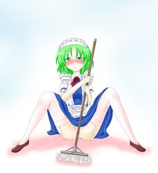 aqua_eyes blush eitaisa female green_hair legs ruukoto short_hair spread_legs touhou touhou_(pc-98)