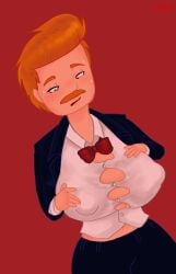 1boy big_breasts big_nipples big_thighs black_clothing black_suit black_suite black_trousers blue_eyes busty_boy elderly elderly_male ginger_hair golden_hair goodman_(sml) huge_breasts male male_with_breasts moustache mr._goodman_(sml) nipple_bulge nipples red_bowtie satisfied satisfied_look slickflipper sml suite supermariologan supermarvinlogan sweat sweatdrop sweating sweaty tired tired_eyes white_button_down_shirt