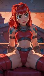 1girls ai_generated ass big_ass big_butt curvaceous female female_focus female_only freckles freckles_on_face light_skin lingerie netflix nimona nimona1491_(artist) nimona_(nimona) pussy red_hair red_leather smile younger_female