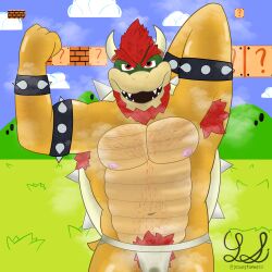 1:1 4_fingers absurd_res anthro armwear aroused beard body_hair bowser chest_hair clothing daddyfication facial_hair fingers flexing flexing_bicep funny_background gay hair handwear hi_res horn jockstrap koopa male male_only mario_(series) nintendo nipples open_mouth outdoors presenting pubes scalie shell smelly solo steam super_mario_bros. tail teeth underwear wet wet_clothing wet_jockstrap yose_stones